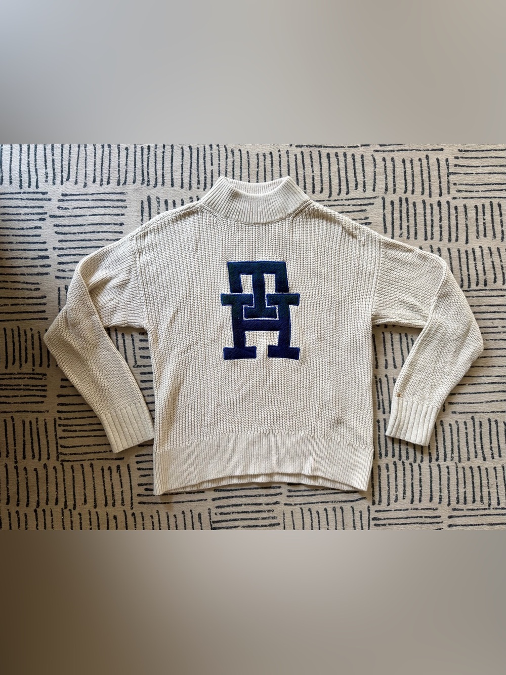 Tommy Hilfiger Cream mock neck Sweater with Navy/Green Logo